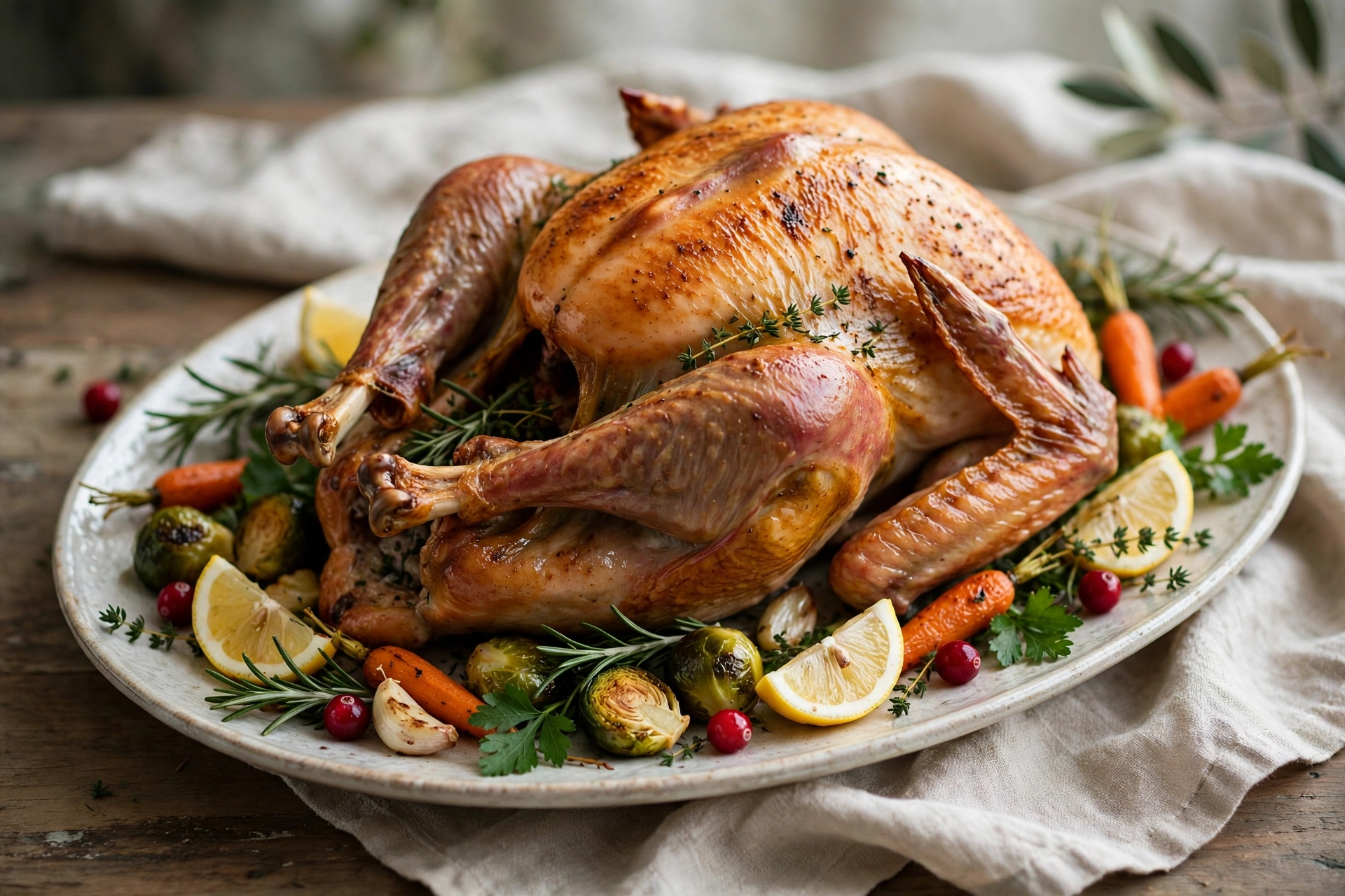 Roast turkey on a platter with garnish