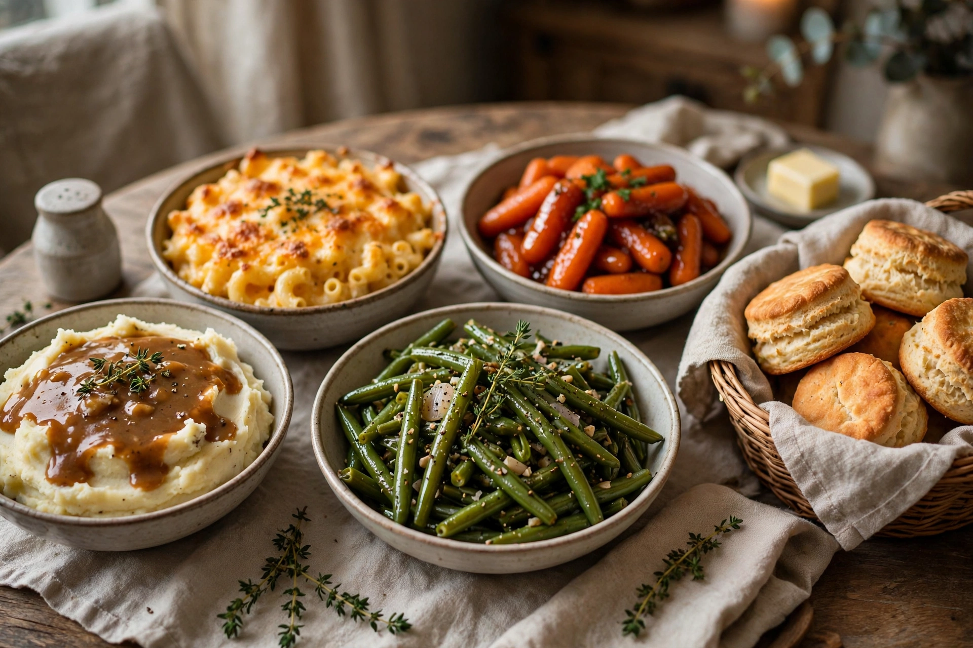 Family meal sides: mashed potatoes, mac and cheese, green beans and biscuits