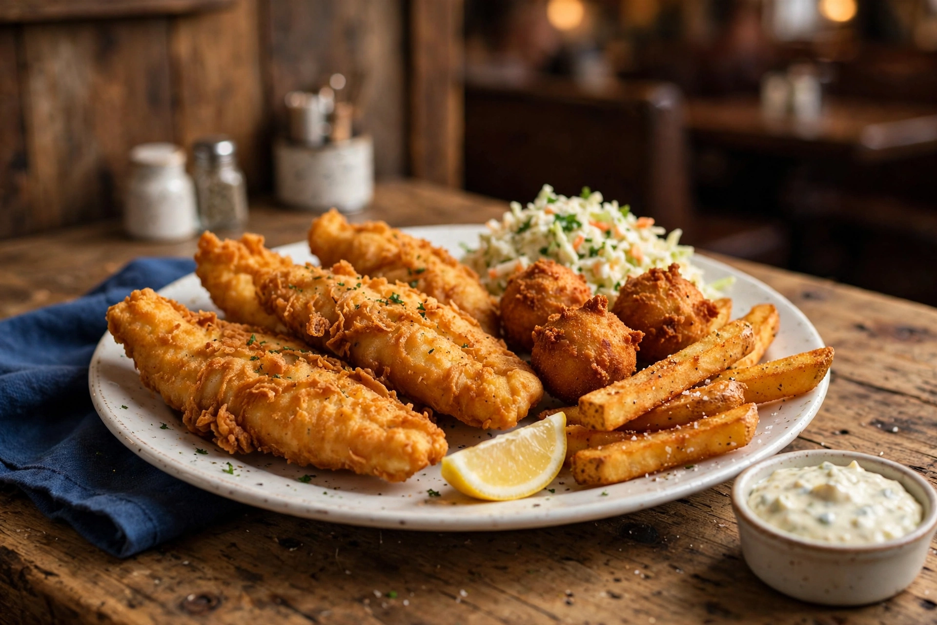 Friday fish fry plate with fried fish, hushpuppies, coleslaw and fries