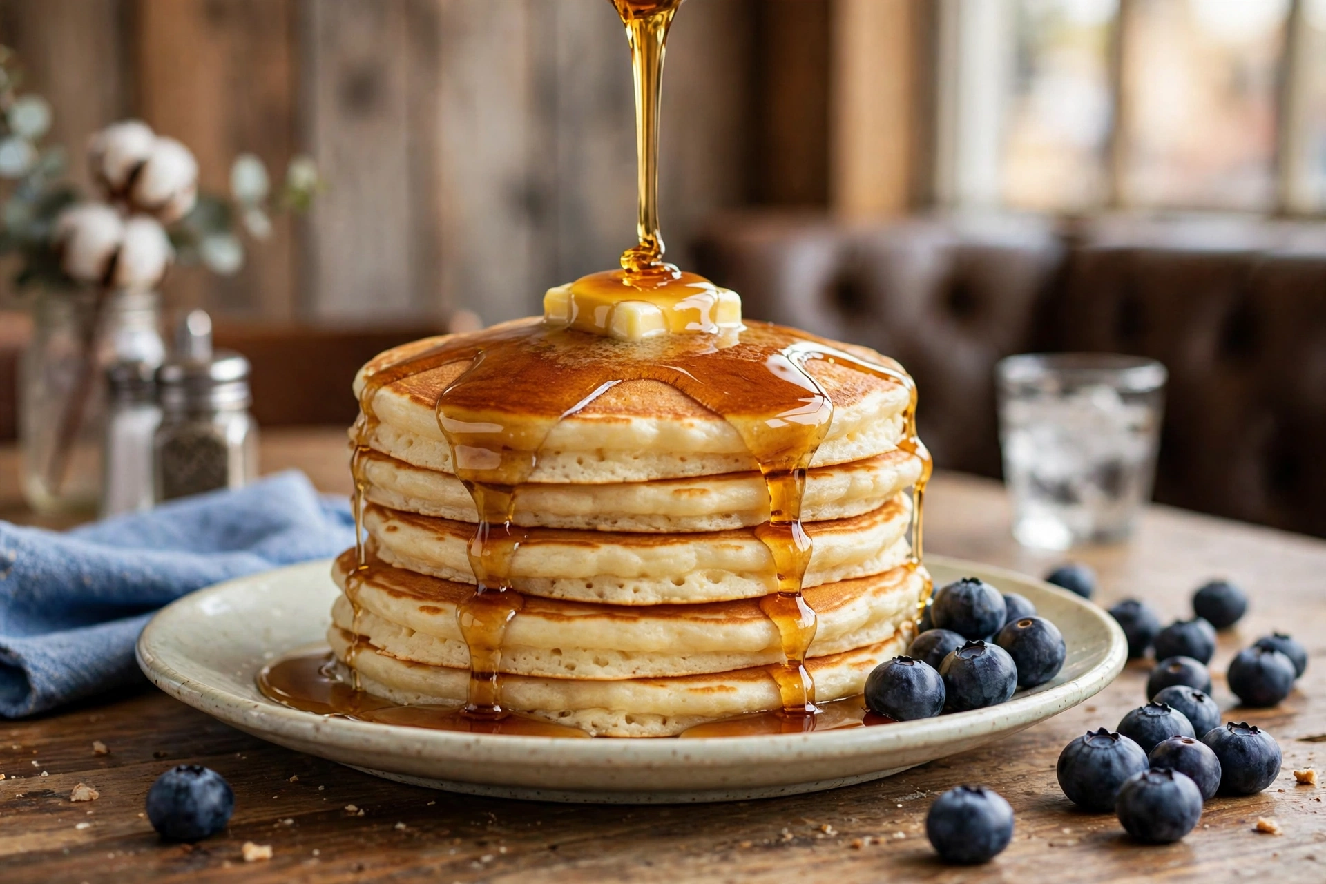 Momma's Pancake Breakfast with buttermilk pancakes, butter and maple syrup