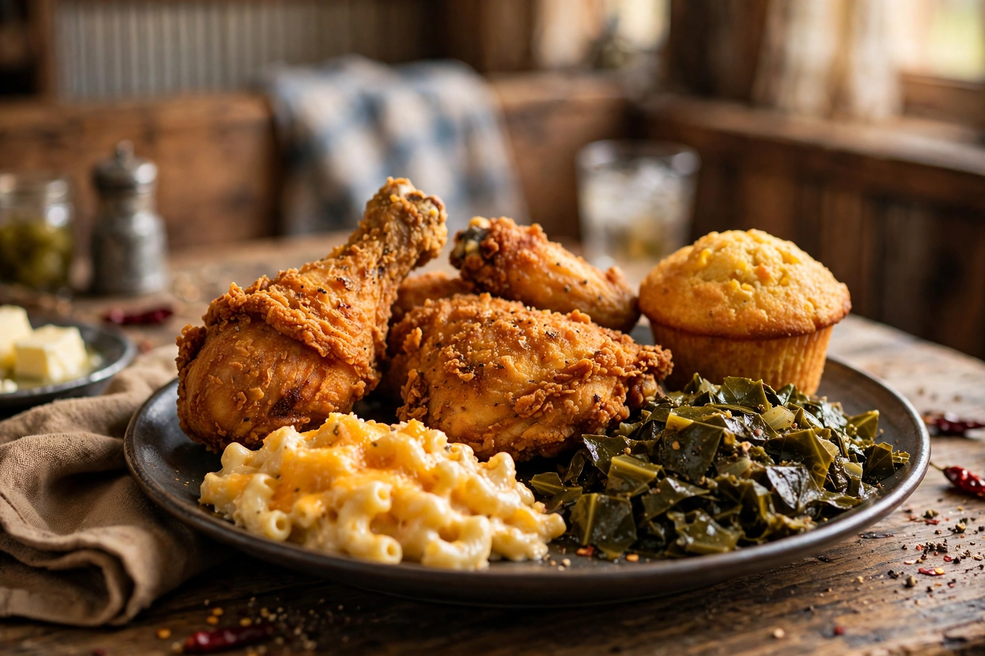 Southern fried chicken plate with macaroni and cheese and collard greens