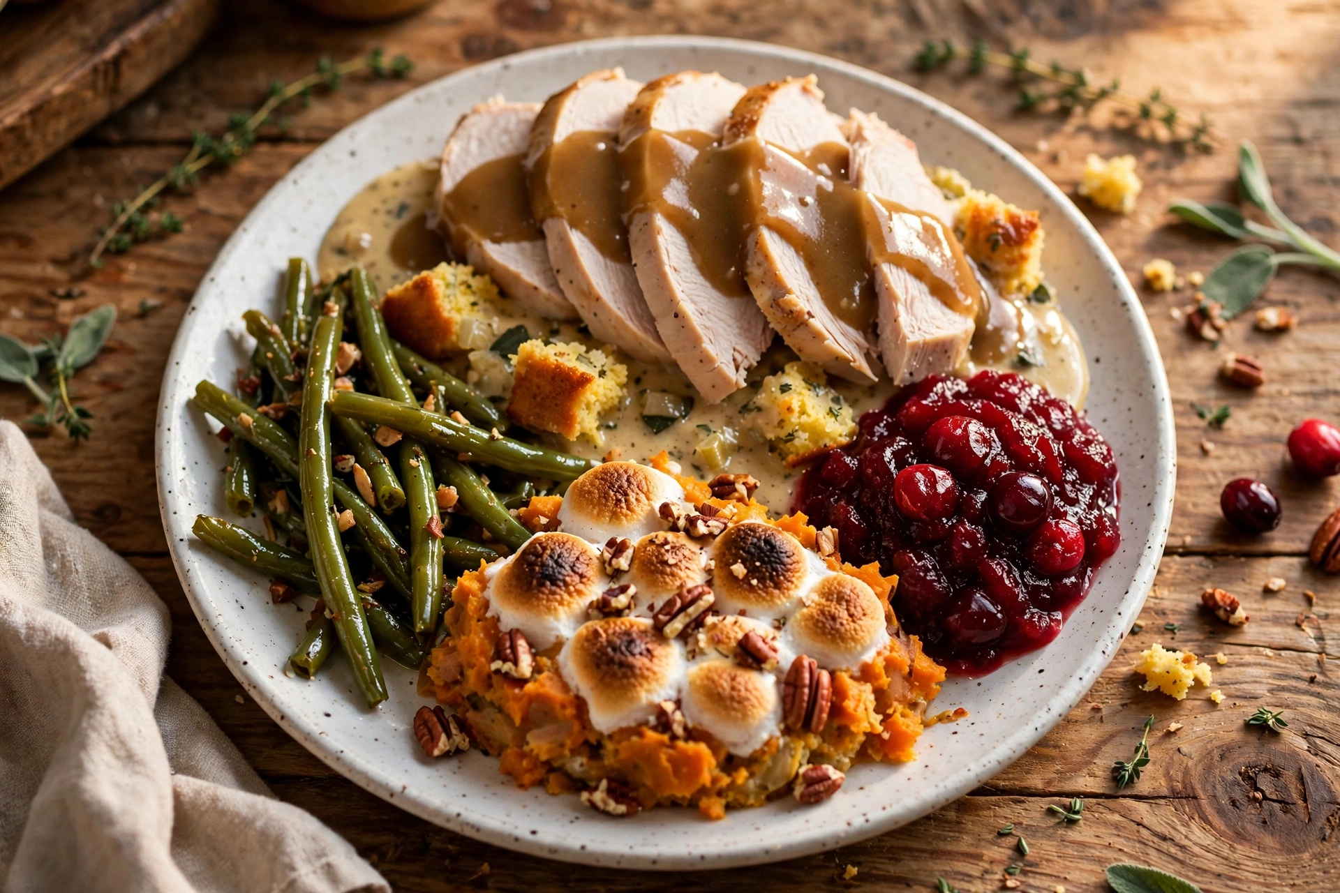 Turkey and dressing dinner with gravy, cranberry sauce and sweet potato casserole